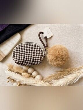 Brown & Cream Houndstooth Coin Purse with Tan Pom Keychain